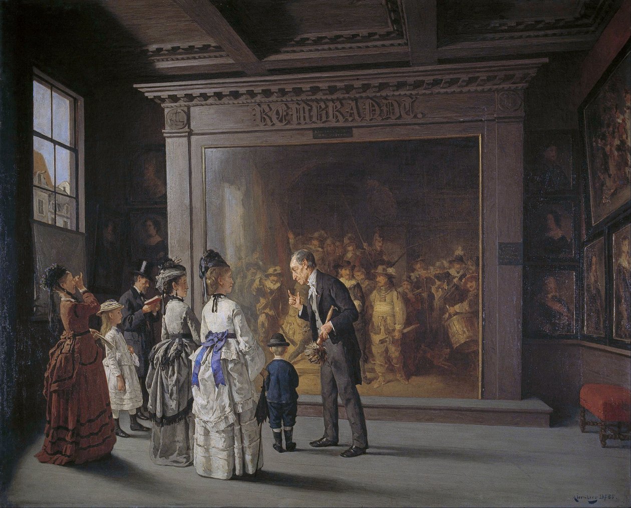 Dansk: Besøgende foran Rembrandts nattevagt i Amsterdam af August Jernberg