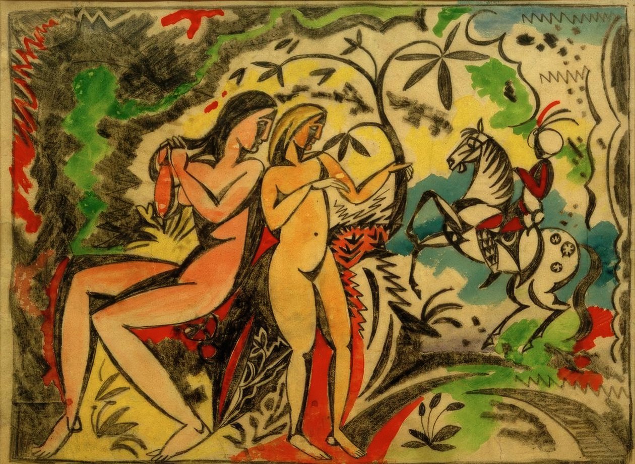 Badende og tyrkiske ryttere, broderidesign af August Macke