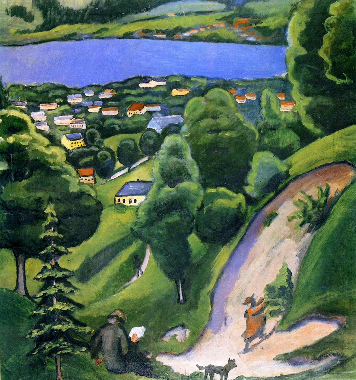 Landskab ved Tegernsee med en mand, der læser af August Macke