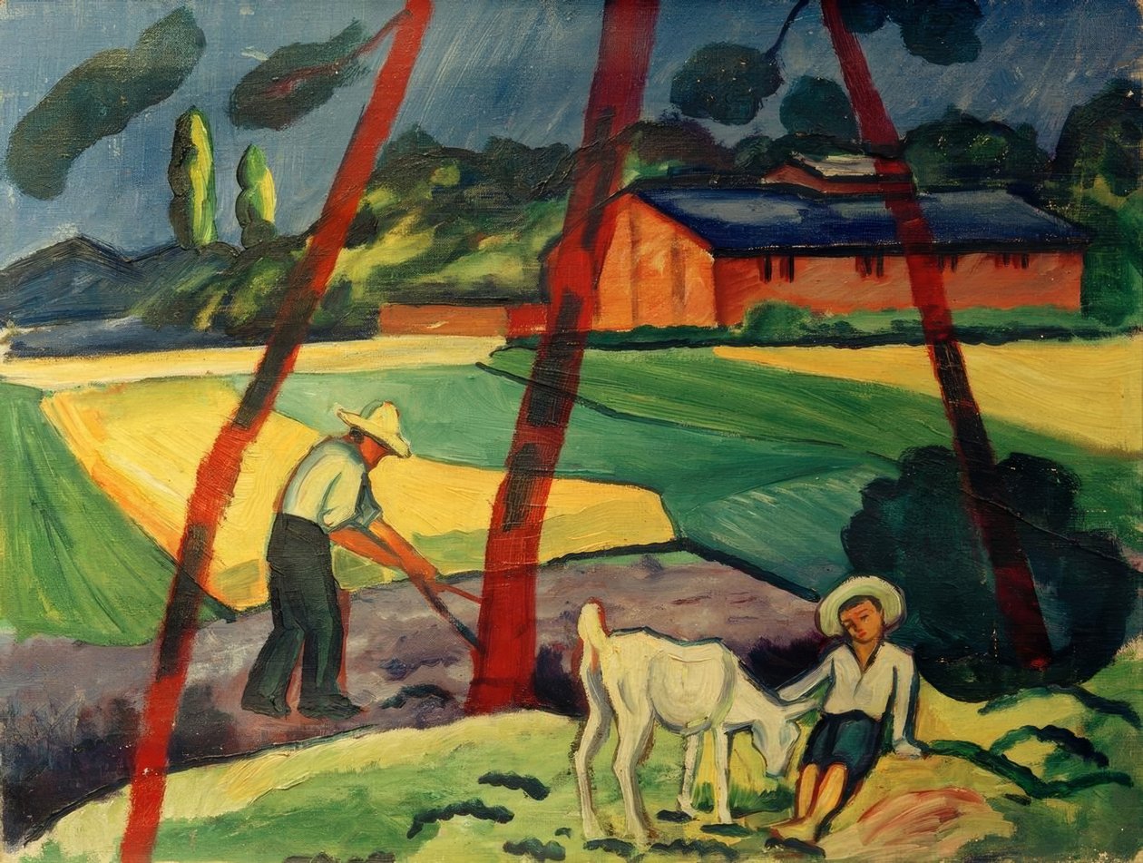 Landskab med en bonde, dreng og ged af August Macke