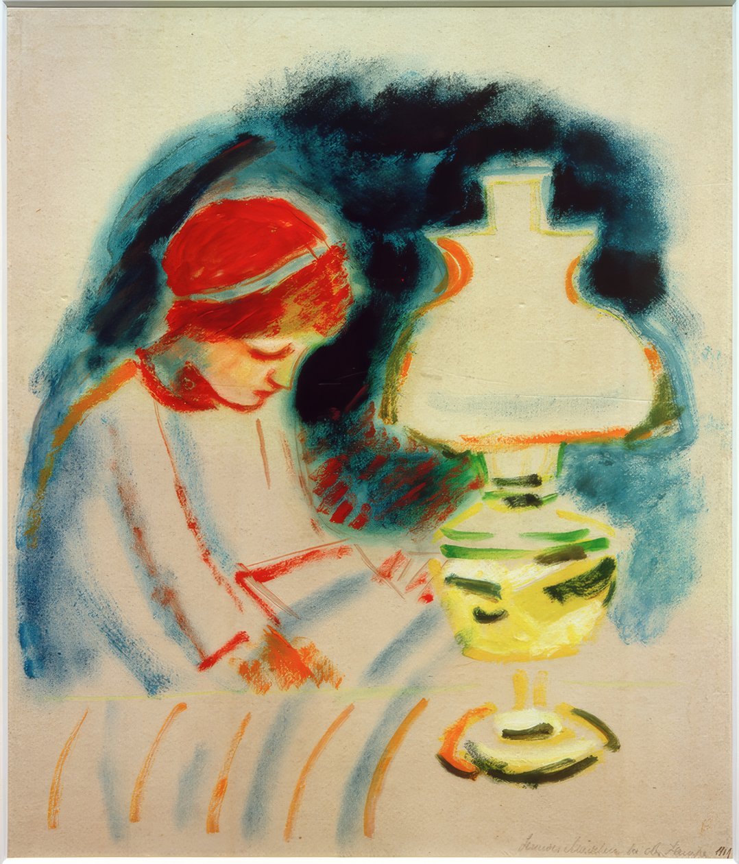 Pige læser ved lampen, 1911 af August Macke