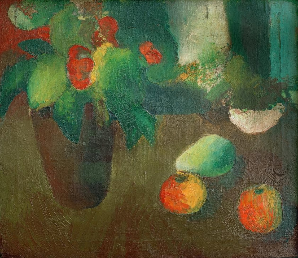 Stilleben med begonia, æbler og pære af August Macke