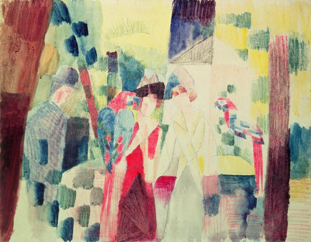 To kvinder og en mand med papegøjer, 20. århundrede af August Macke