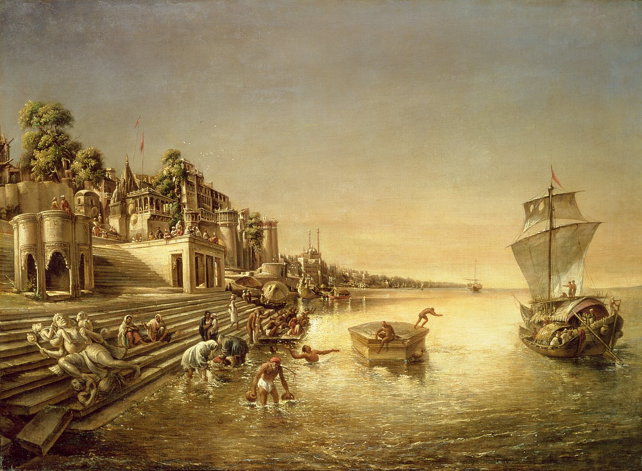 Udsigt over Benares med mennesker, der bader og beder i Ganges af August Theodor Schoefft