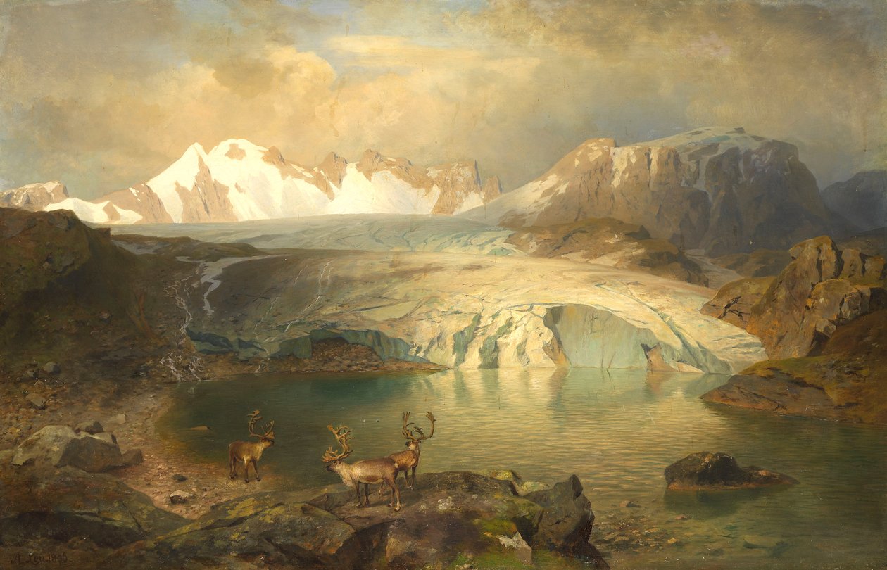 Fjordlandskab med gletsjer og rensdyr af August Wilhelm Leu
