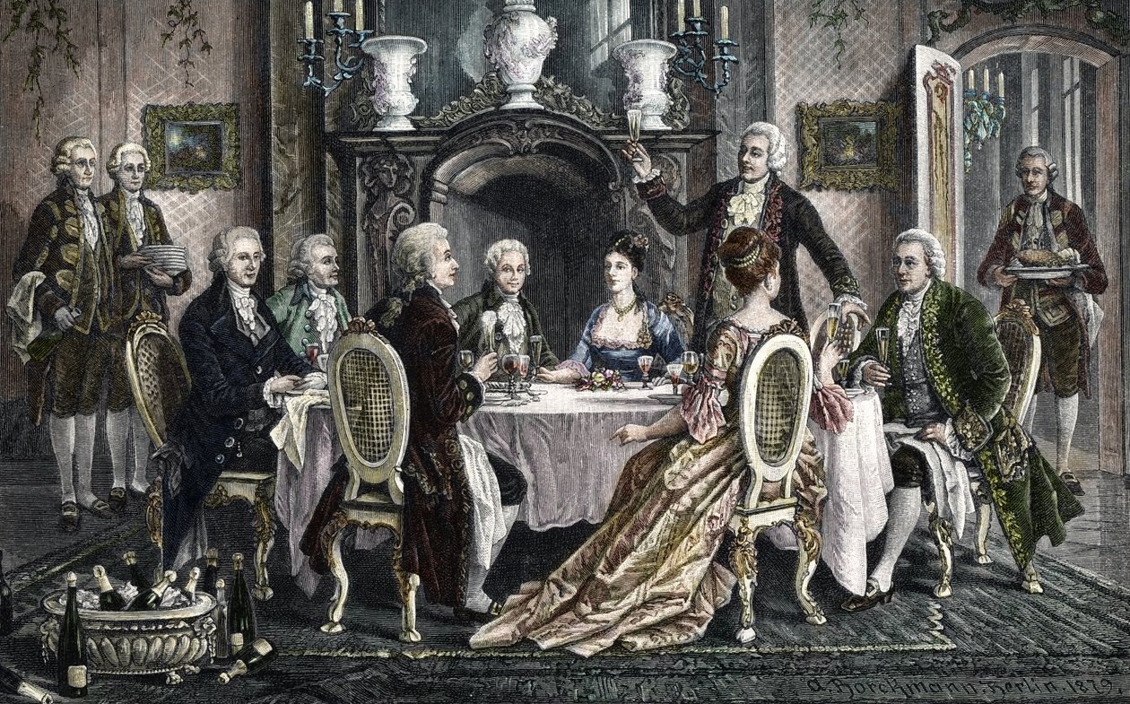 Middag i Emanuel Schikaneders hjem for Wolfgang Amadeus Mozart af August (after) Borckmann