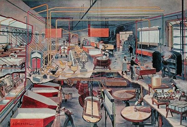 Interiør af et moderne bymejeri, illustration fra 