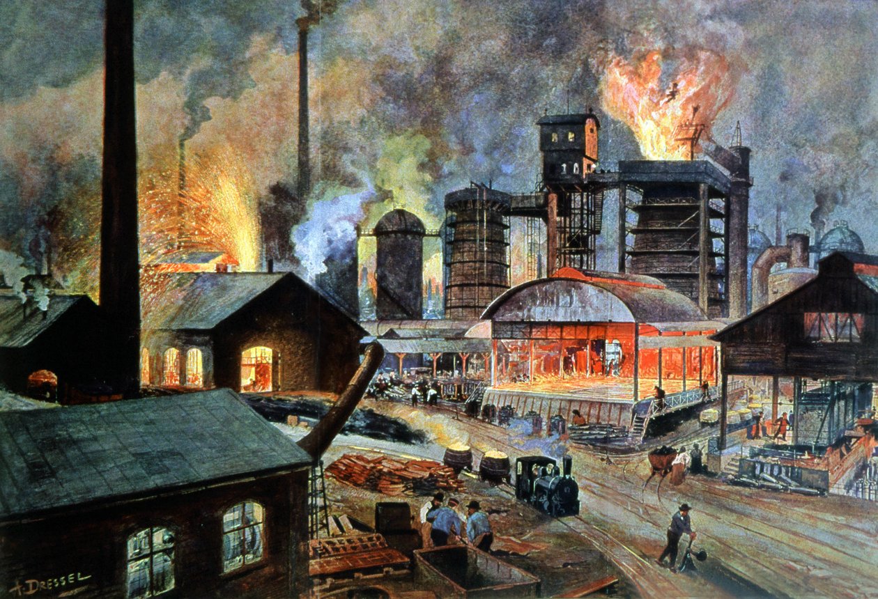 Metalbearbejdningsfabrik i Tyskland, ca. 1890 (illustration) af August (after) Dressel