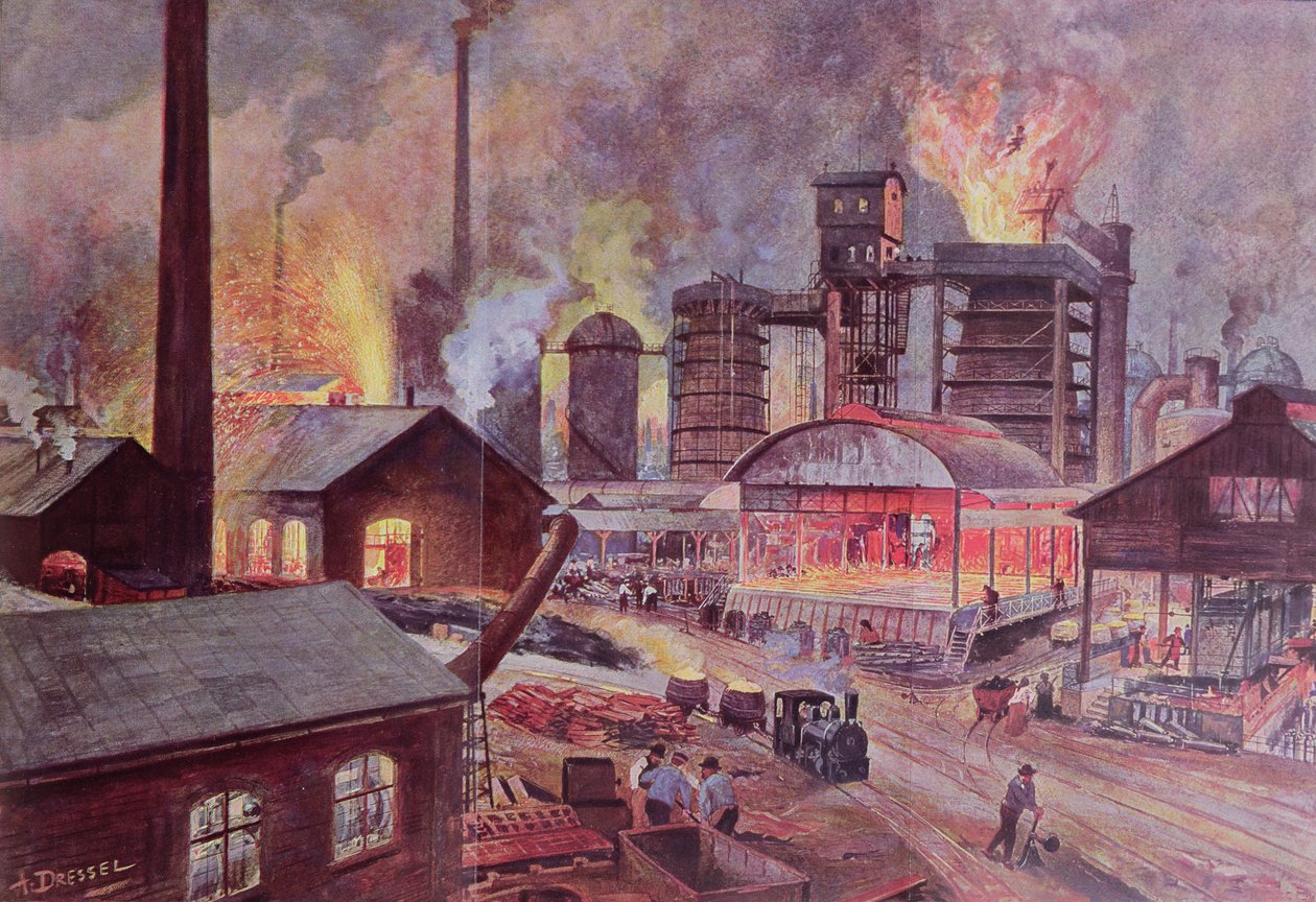 Fabrik med højovn, fra en serie bøger om LUnivers et lHumanite af H. Kraemer, udgivet i Paris i slutningen af det 19. århundrede (farvegravering) af August Dressel