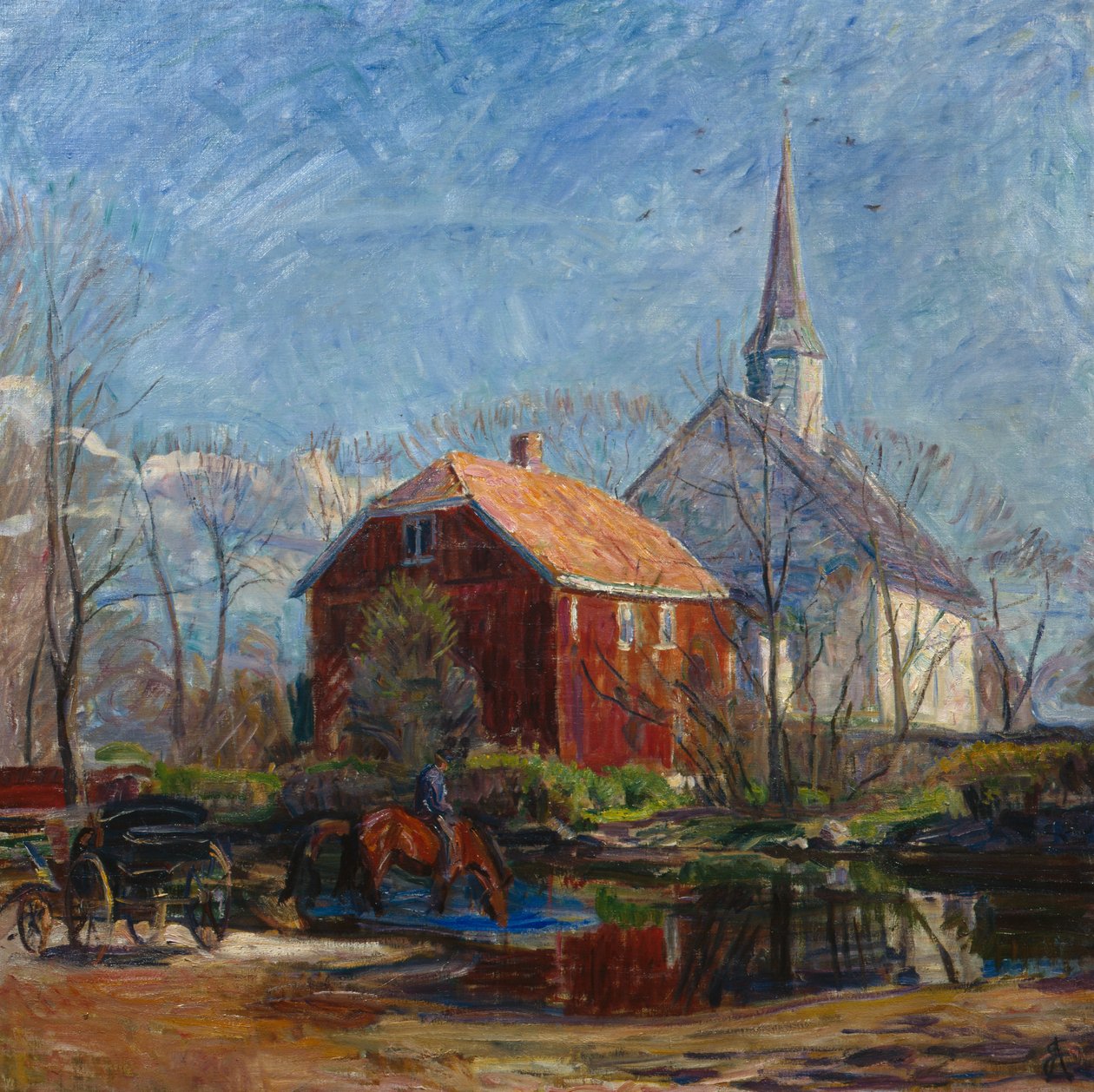 Kirke og rødt hus, Rygge Kirke af August Eiebakke