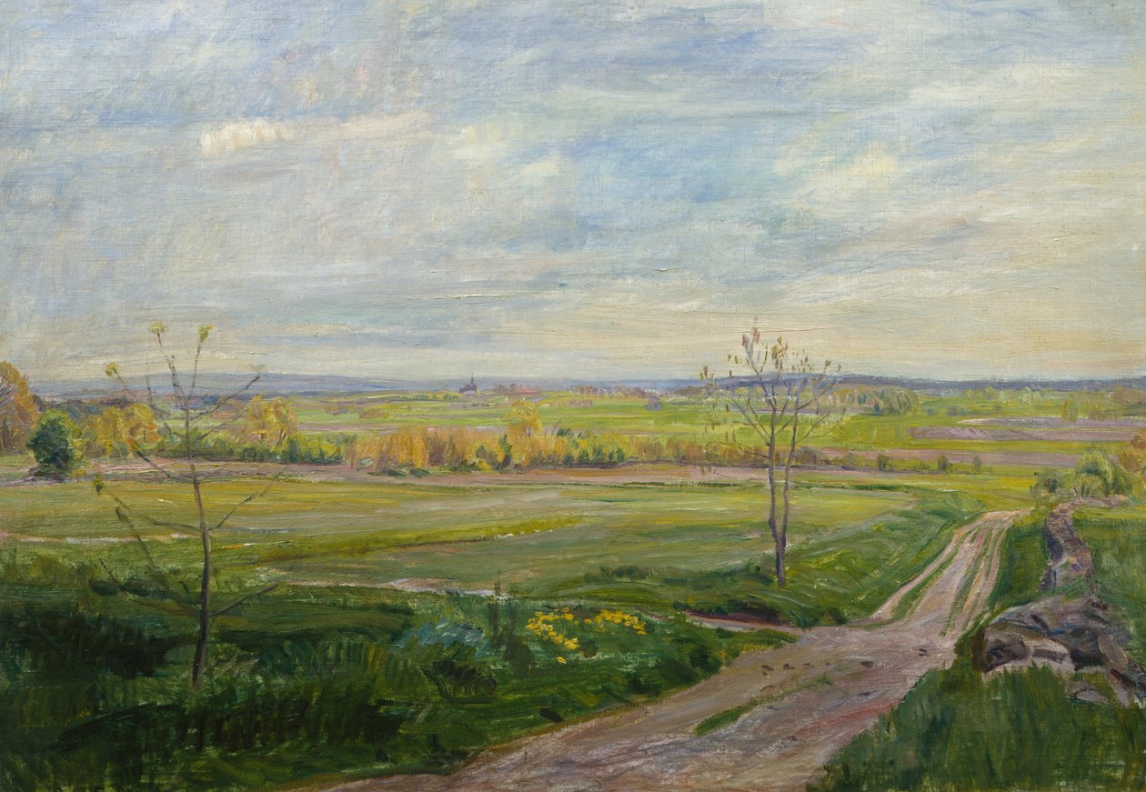 Landskab ved Eidsberg Kirke af August Eiebakke