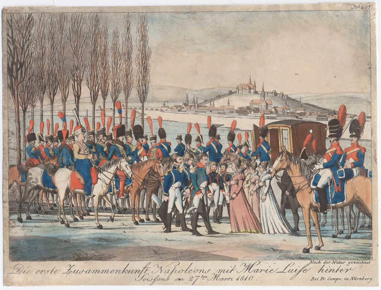 Napoleon introducerer kejserinde Marie-Luise til sin familie uden for pavillonen nær Soissons af August Friedrich Andreas Campe