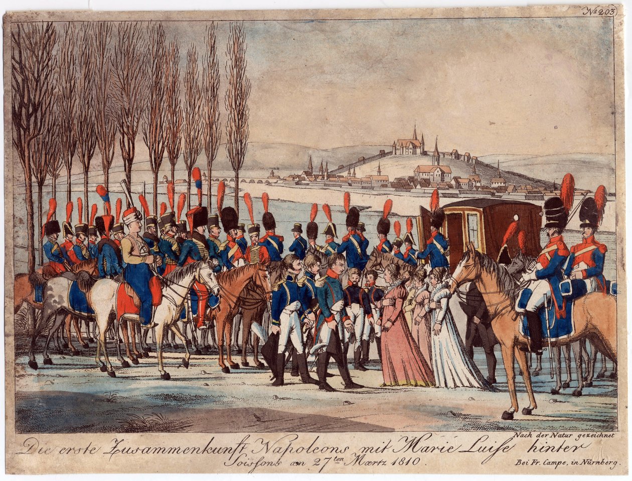 Napoleon introducerer kejserinde Marie-Luise til sin familie udenfor pavillonen nær Soissons - Campe, August Friedrich Andreas (1777-1846) - Radering, akvarel - 17,3x23 - Privat samling af August Friedrich Andreas Campe