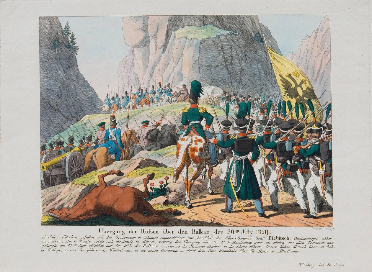 Hæren af Graf Ivan Ivanovich Diebitsch krydser Balkan, ca. 1830 af August Friedrich Andreas Campe