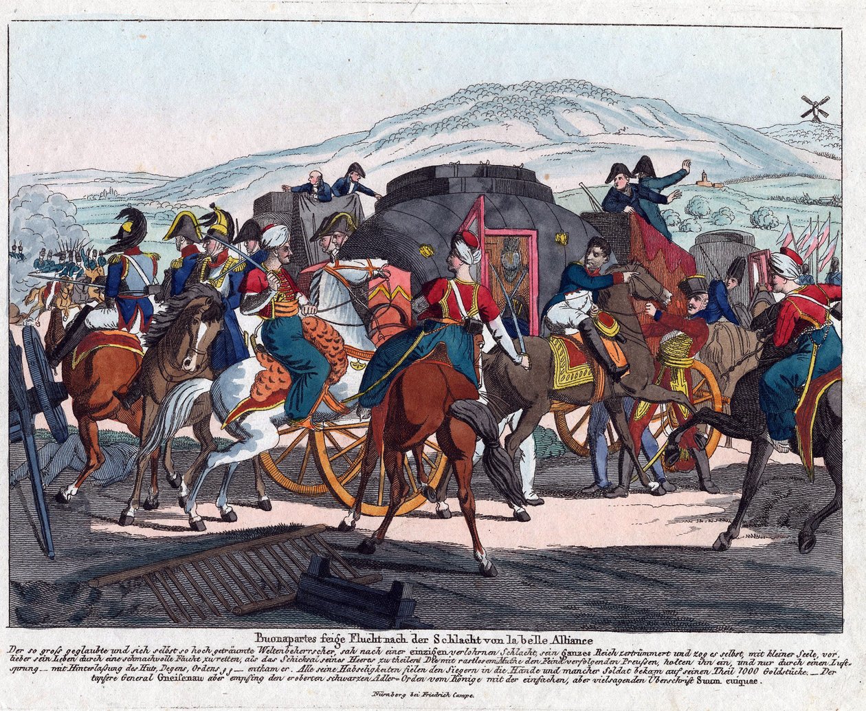 Napoleons flugt efter slaget ved Waterloo (1815) - Campe, August Friedrich Andreas (1777-1846) - Radering, akvarel - 21,5x26,3 - Privat samling af August Friedrich Andreas Campe