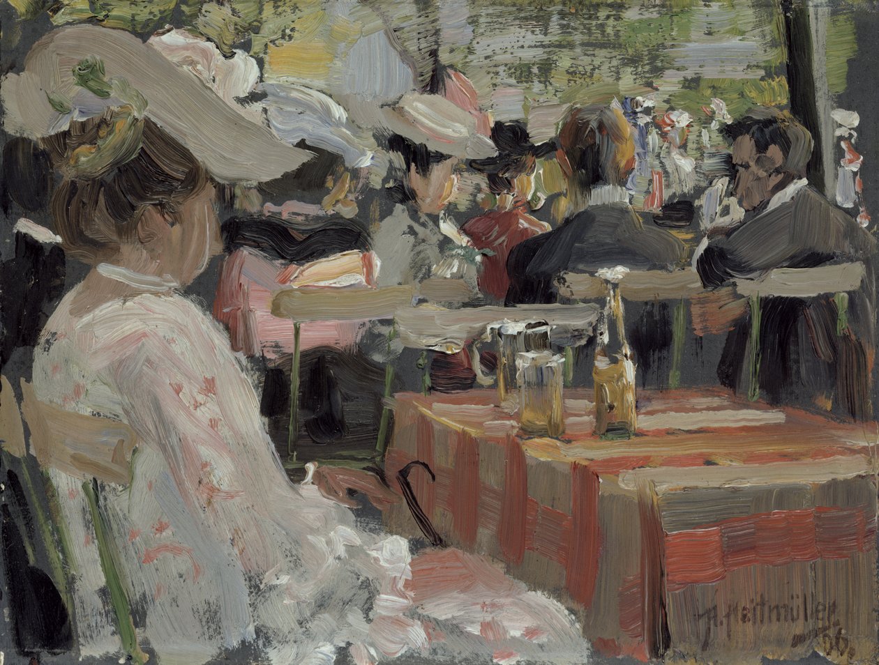 En have-restaurant, 1906 (olie på kort) af August Heitmuller