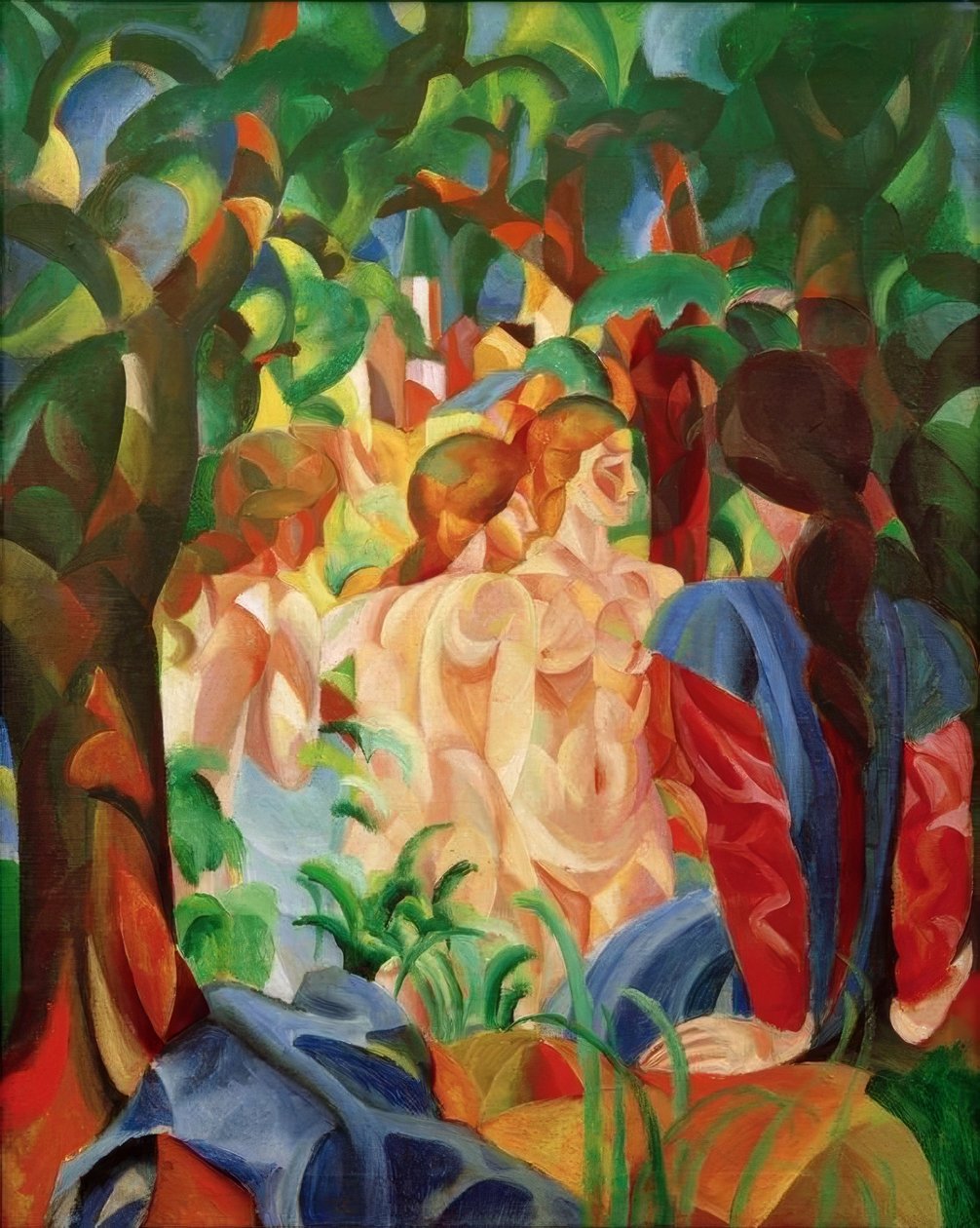 Badepiger med by i baggrunden af August Macke