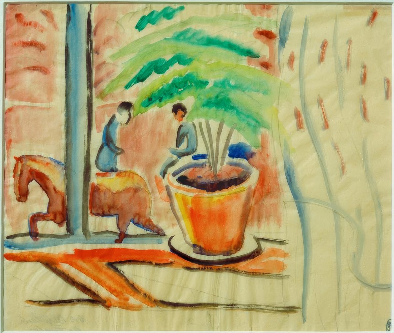 Udsigt over gaden uden for vinduet af August Macke