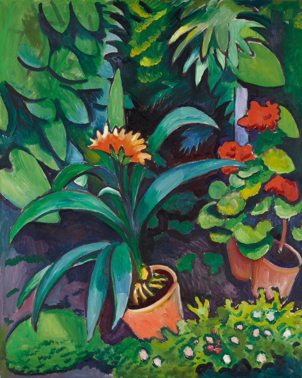 Blomster i haven, kliviaer og pelargonier af August Macke