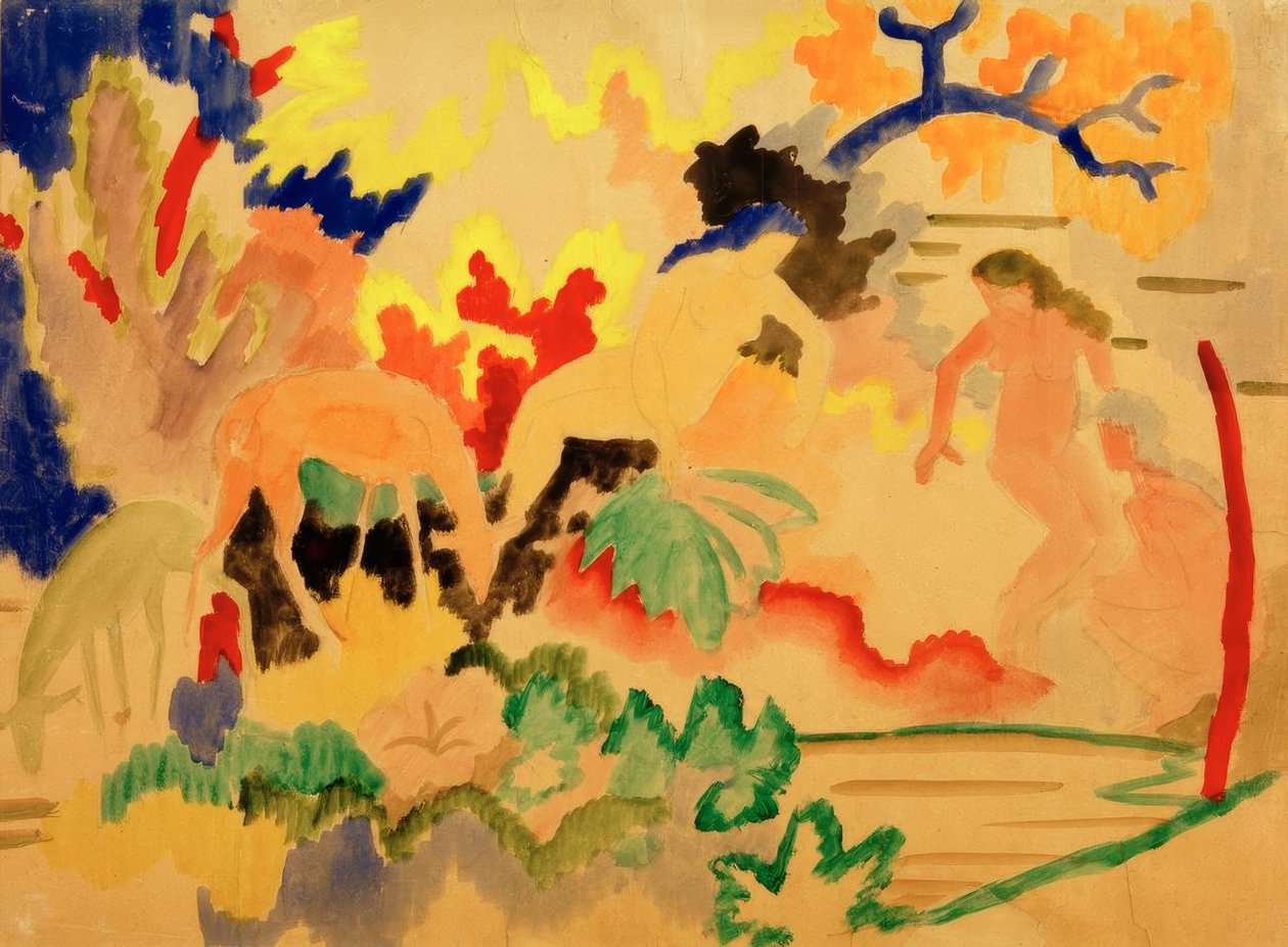 Tre nøgenbilleder med rådyr ved vandet af August Macke