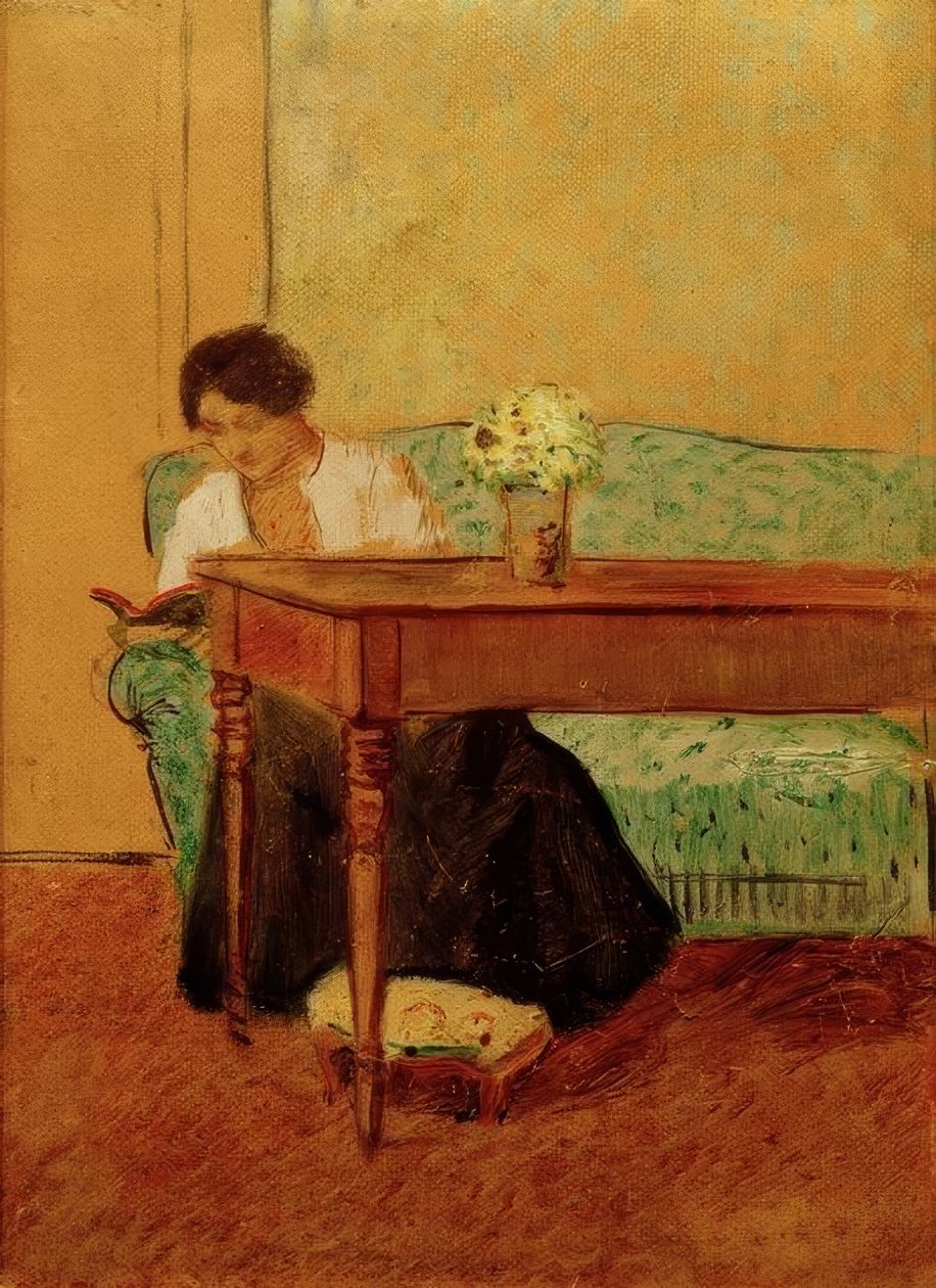 Elisabeth på den grønne sofa og læser af August Macke
