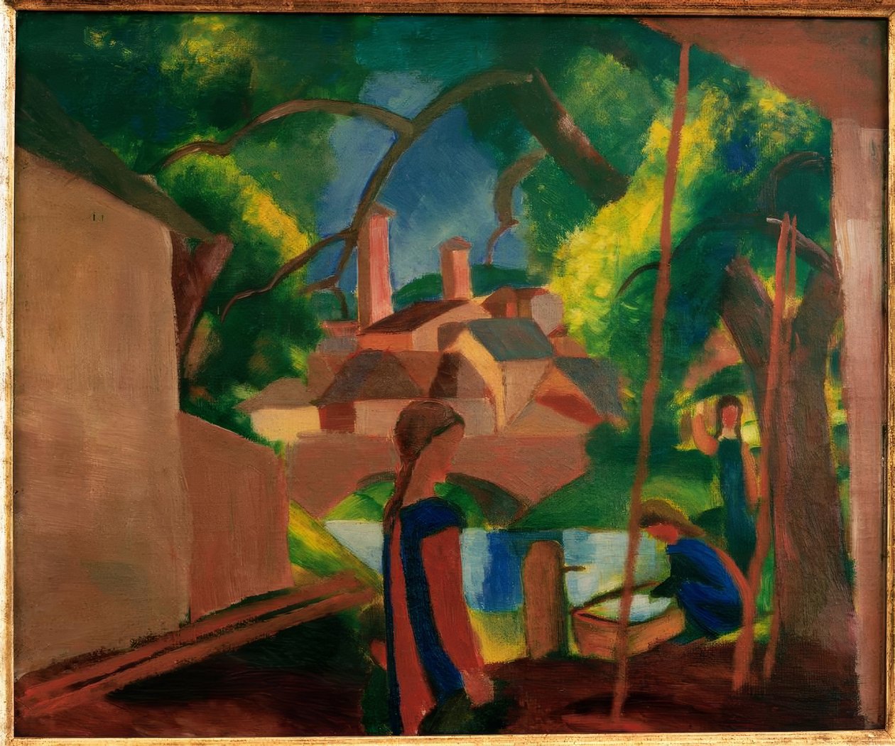 Børn ved springvandet med byen i baggrunden af August Macke