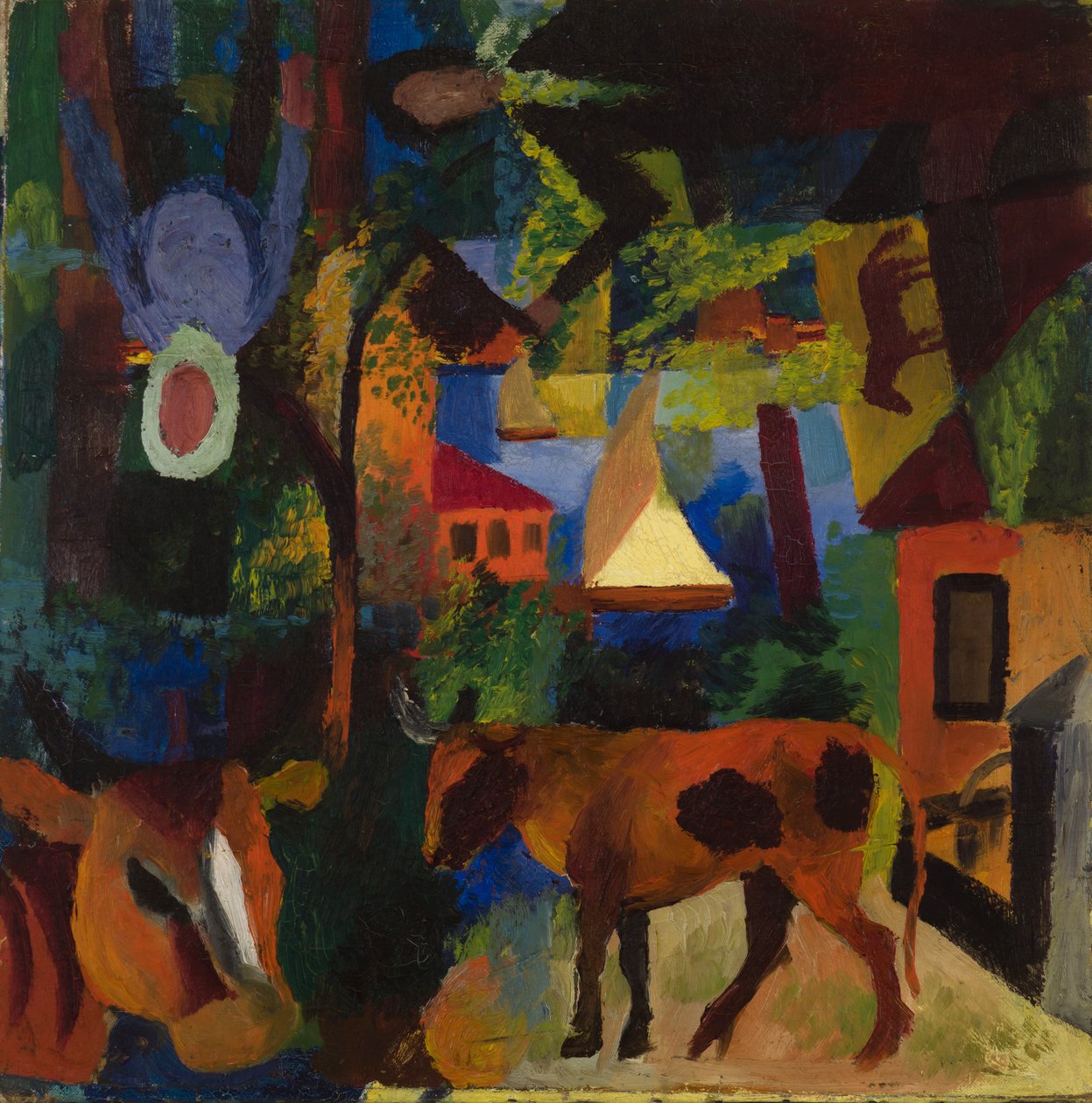 Landskab med køer, sejlbåd og indmalede figurer af August Macke