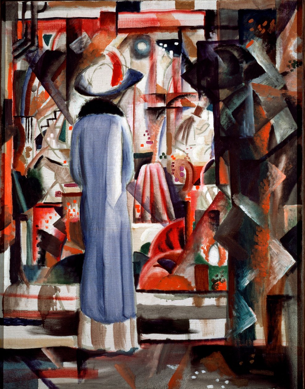 Stort oplyst udstillingsvindue En kvinde iført en lang frakke og en hat ser på et udstillingsvindue. Maleri af August Macke (1887-1914) 1912 Dim. 105x85 cm Hannover, Sprengel Museum af August Macke