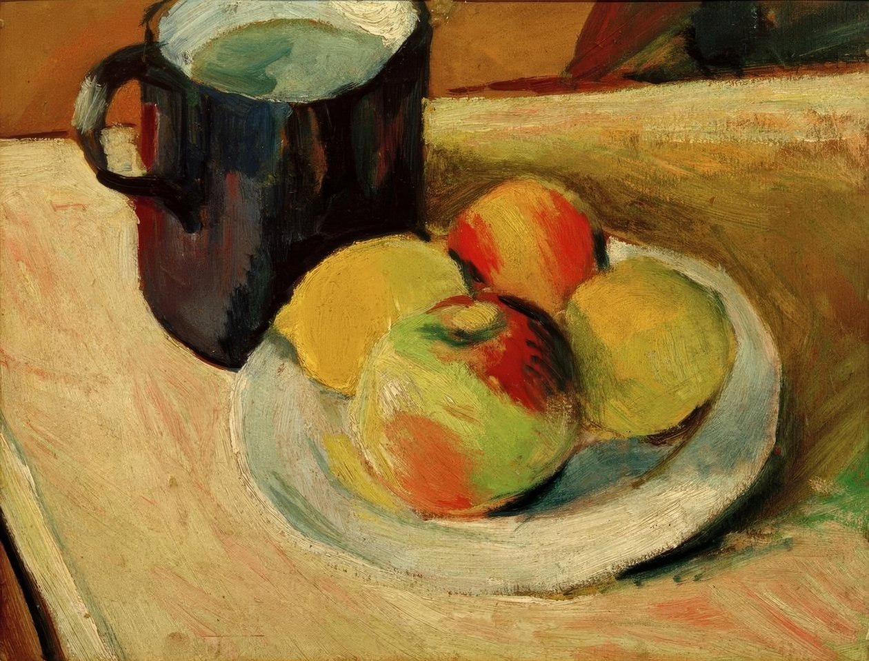 Mælkekande og æbler på tallerken af August Macke