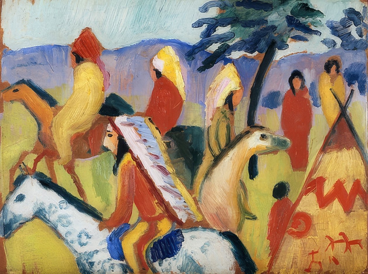 Indianere rider nær teltet. 1911 af August Macke