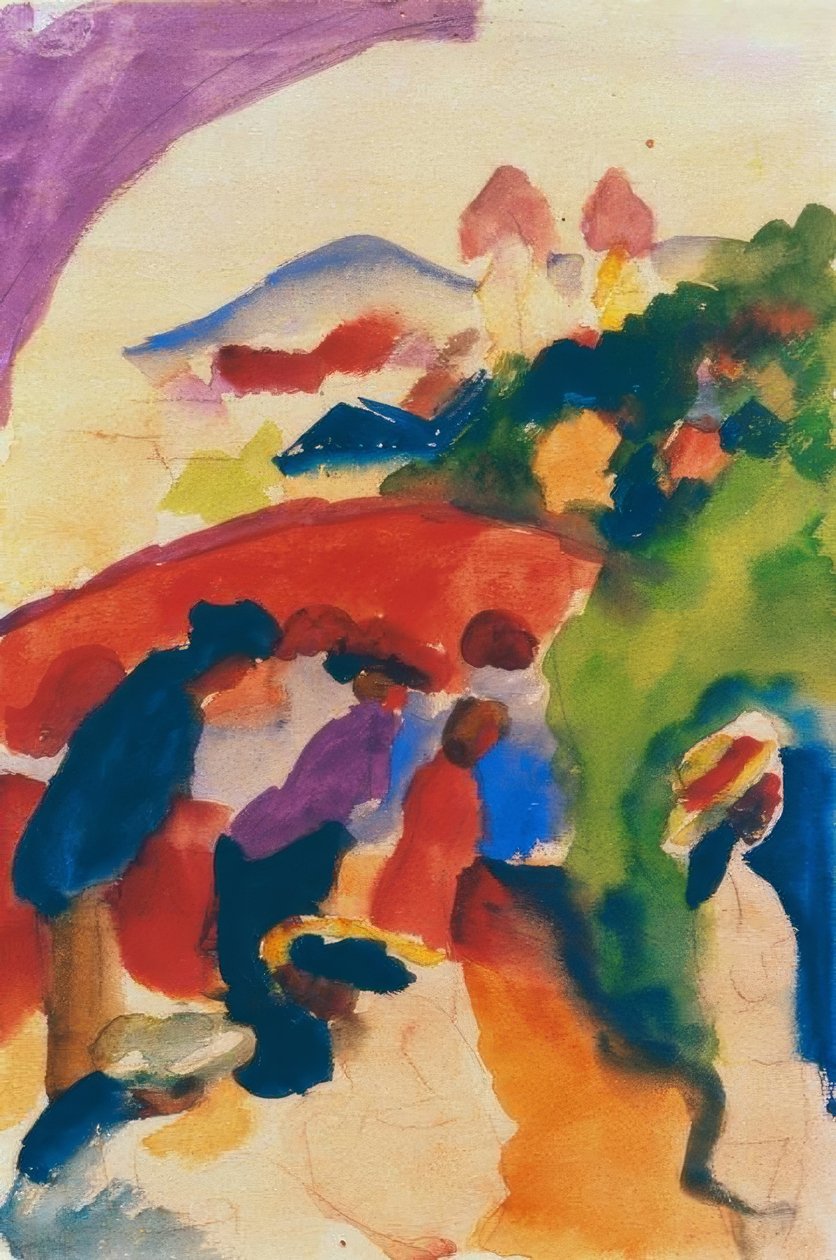 Vandrere med byen af August Macke