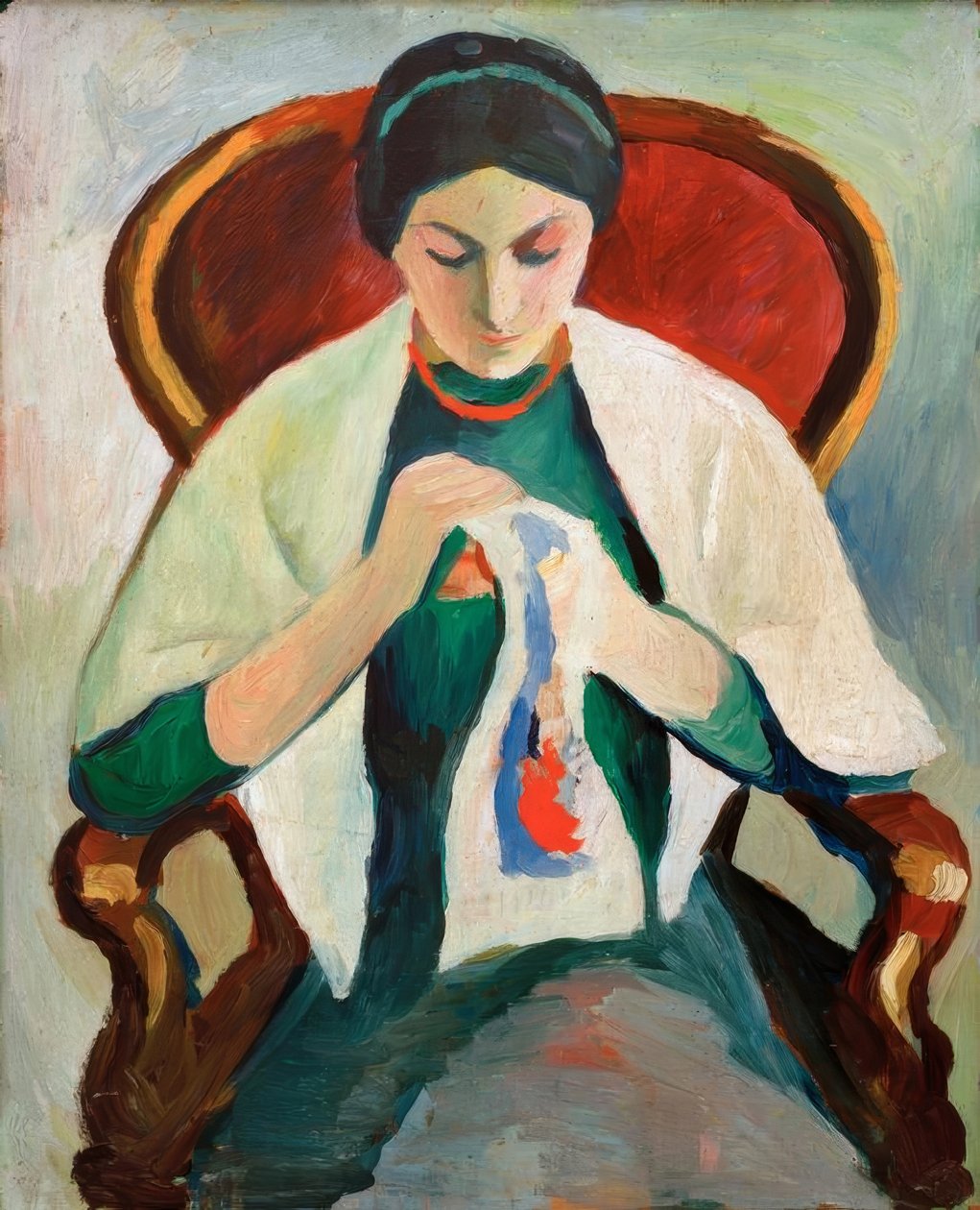 Kvinde, der broderer på en lænestol: portræt af kunstnerens kone af August Macke