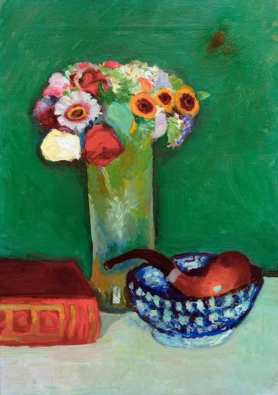 Stilleben med en buket blomster og en pibe i en blå skål af August Macke