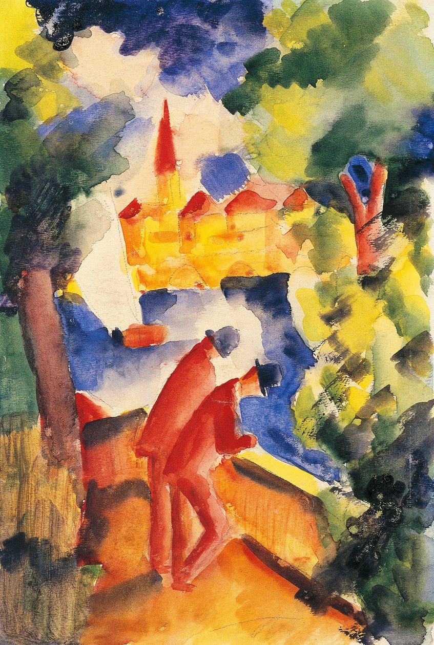 To mænd arm på rækværket med udsigt over en sø 1914 (akvarel) af August Macke