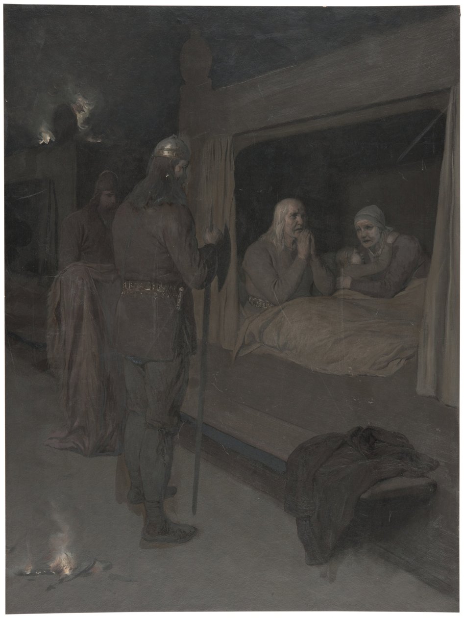 Njal, Bergthora og Thord Karisson beslutter at lade sig brænde levende. Illustration til Njáls saga, kap. 129 af August Malmström