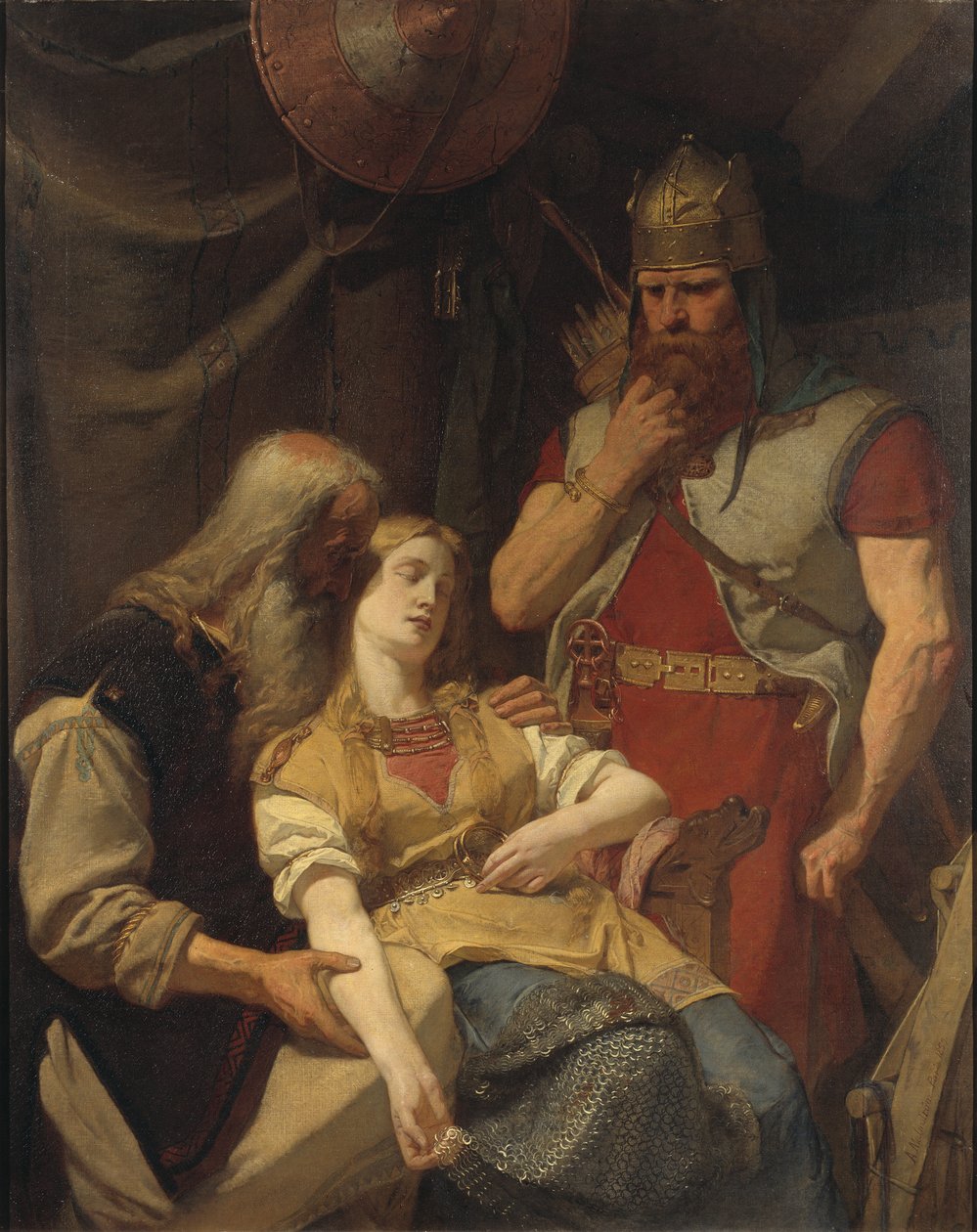 Orvar Oddr annonce a Ingeborg la mort de Hjalmar - Oervar-Oddr informerer Ingeborg om Hjalmars død, af Malmstrom, August (1829-1901). Olie på lærred af August Malmström