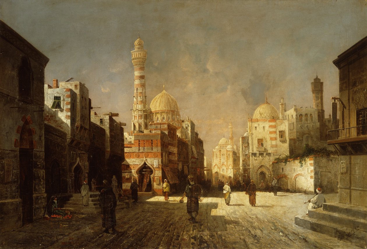 Scene fra en arabisk gade (olie på lærred) af August Siegen