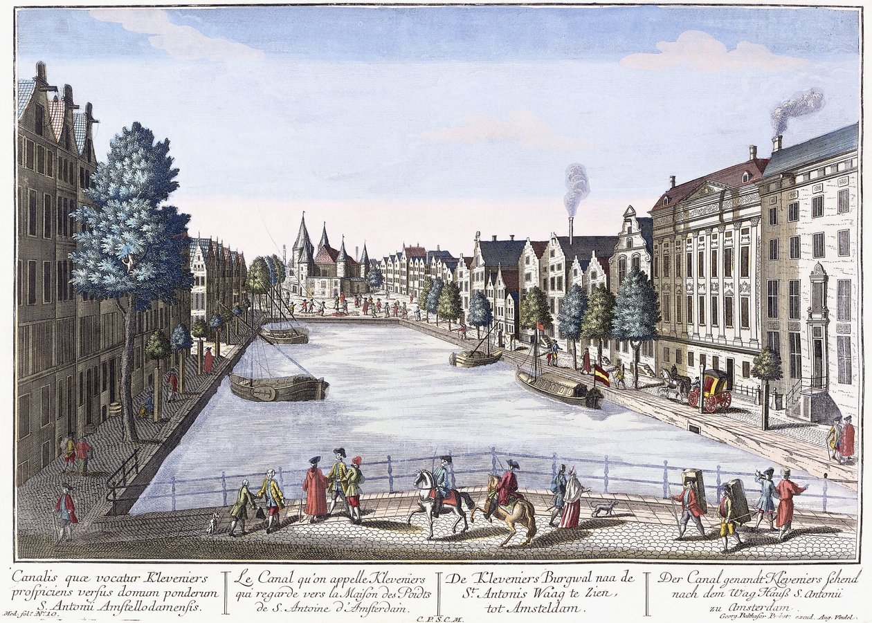 Vue af Kleveniers Canal, Amsterdam, ca. 1740-1770 (håndfarvet gravering) af August Vindel