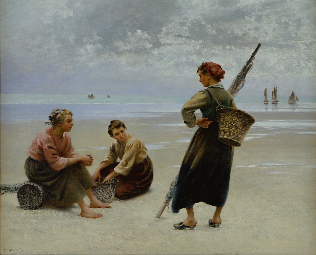 Mussel Gatherers, Bretagne (olie på lærred) af August Wilhelm Nikolaus Hagborg