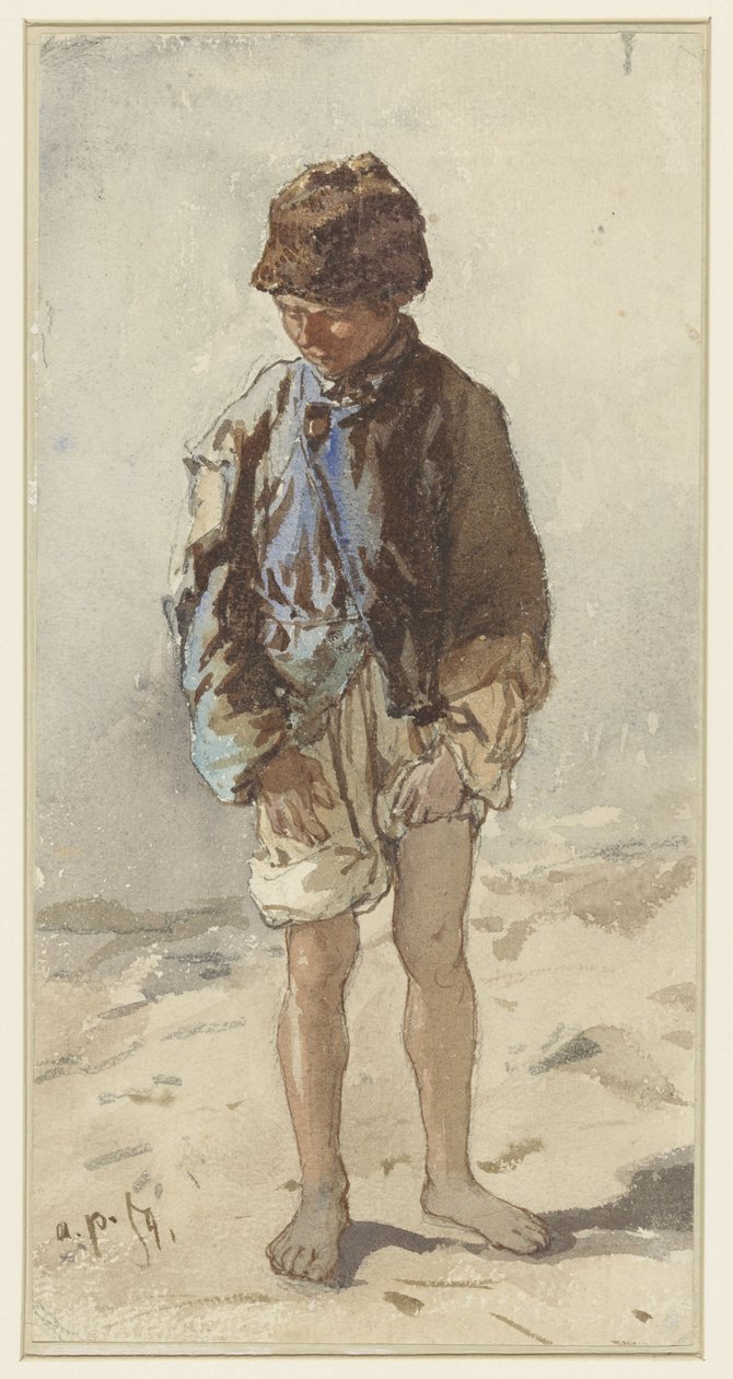 Ungarsk dreng, stående og ansigt, barfodet og iført pelshat af August Xaver Carl von Pettenkofen