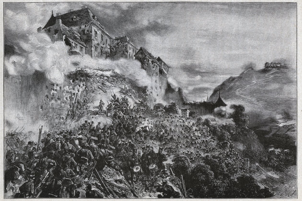 Den ungarske revolution 1848-1849: Ungarske oprørere stormer Buda-slottet (ovn) den 21. maj 1849 - efter litografi af August von Pettenkofer af August Xaver Karl von Pettenkofen