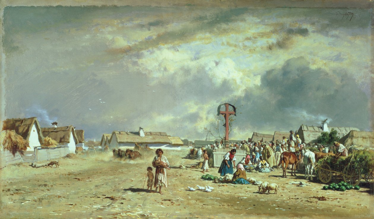 Markedet i Szolnok, Ungarn af August Xaver Karl von Pettenkofen