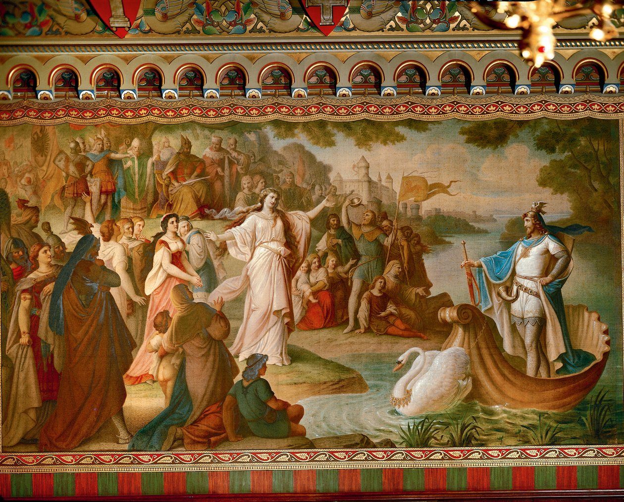 Ankomsten af Lohengrin til Antwerpen, fra Lohengrin Sagaen, Salon, ca. 1882-83 (olie på lærred) (se også 419255) af August von Heckel