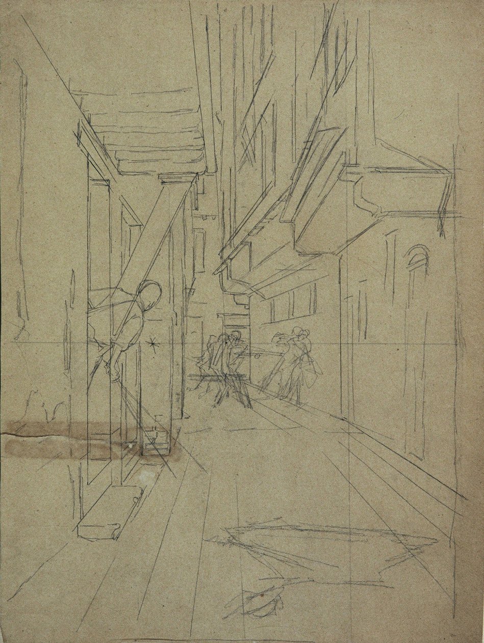 Perspektivskitse til "Street Fight in a Venetian Alley" af August von Pettenkofen