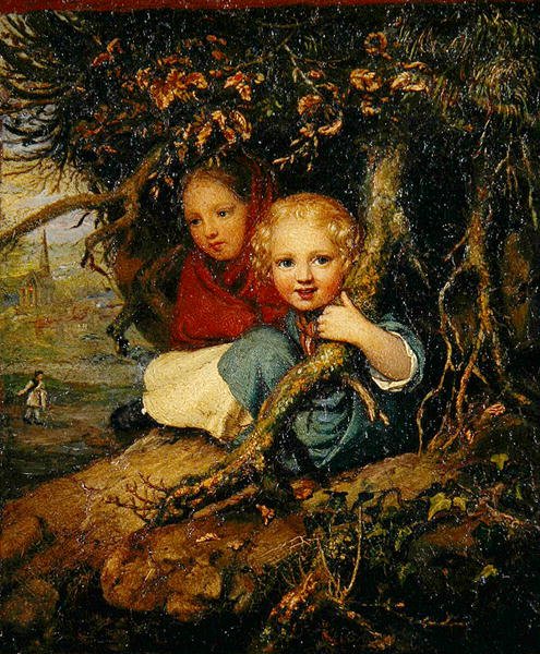 To børn under trærødder, ca. 1840 (olie på zinkplade) af August von der Embde