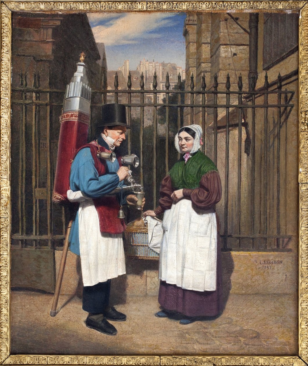 Kokoshandleren (forfriskende drik smagt til med lakrids) og dens maleriske springvand var blandt de kendte figurer på den parisiske gade i det 19. og begyndelsen af det 20. århundrede. Maleri af Augusta Le Baron Desves (1804-?), olie på lærred af Augusta Le Baron Desves
