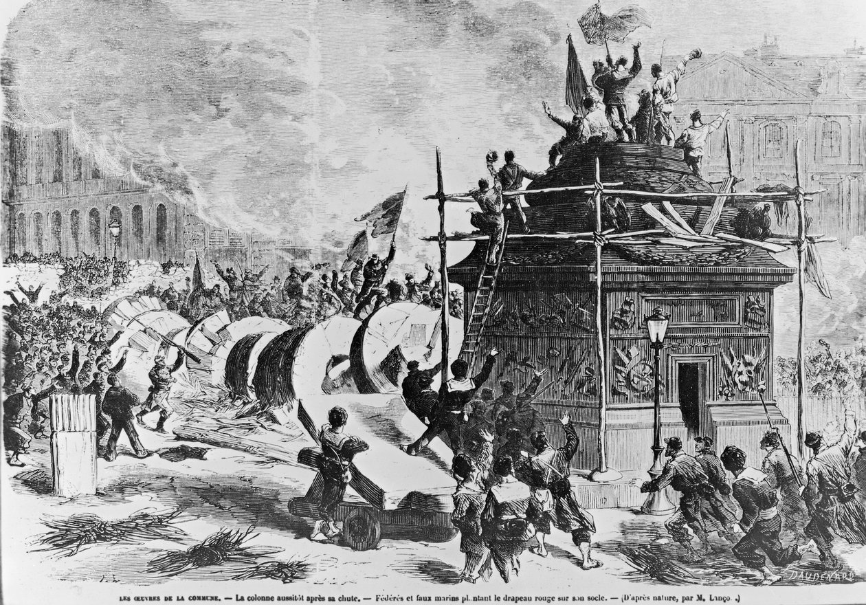 Vendome-søjlen lige efter dens fald, satte Federes og falske sømænd det røde flag i piedestalen, 16. maj 1871 af Auguste Andre Lancon
