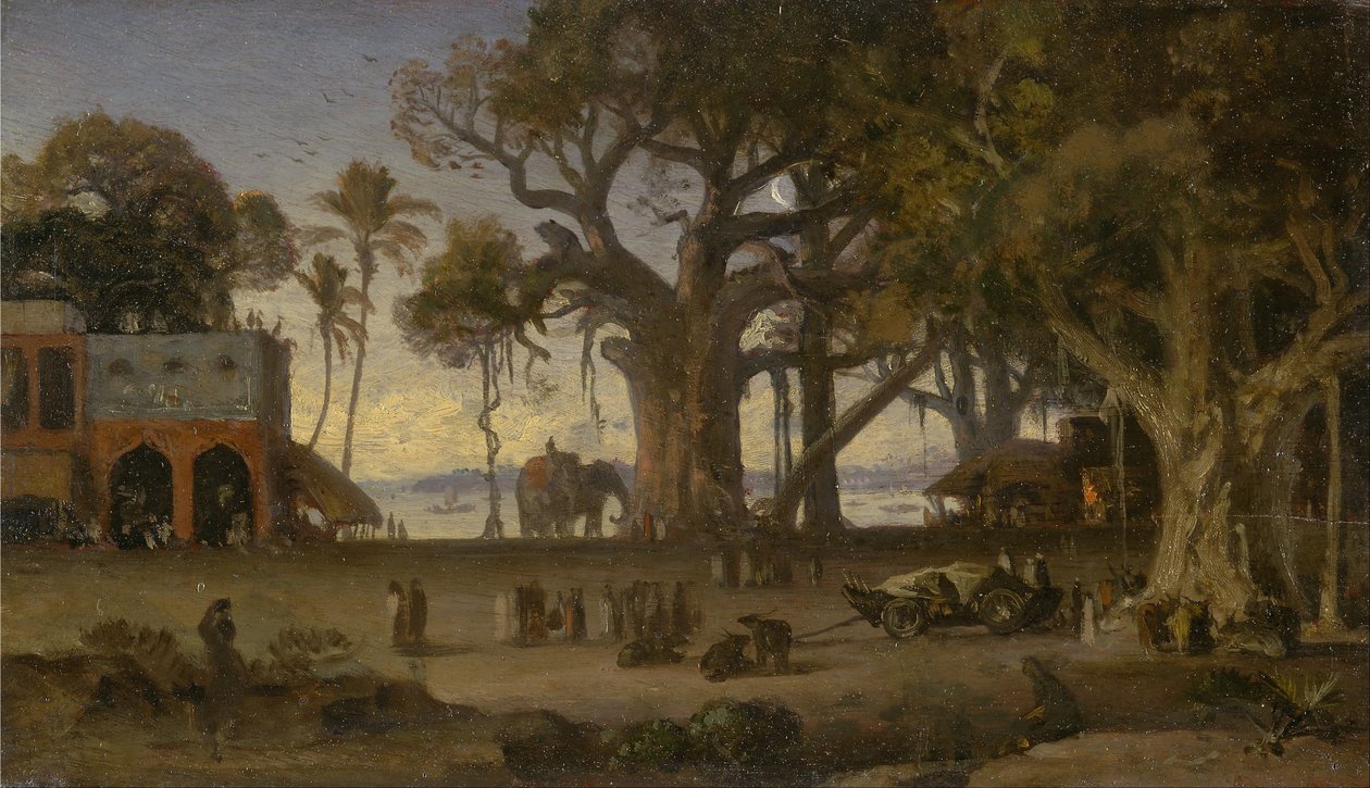 Månelyset scene af indiske figurer og elefanter blandt Banyan -træer, Øvre Indien (sandsynligvis Lucknow) af Auguste Borget