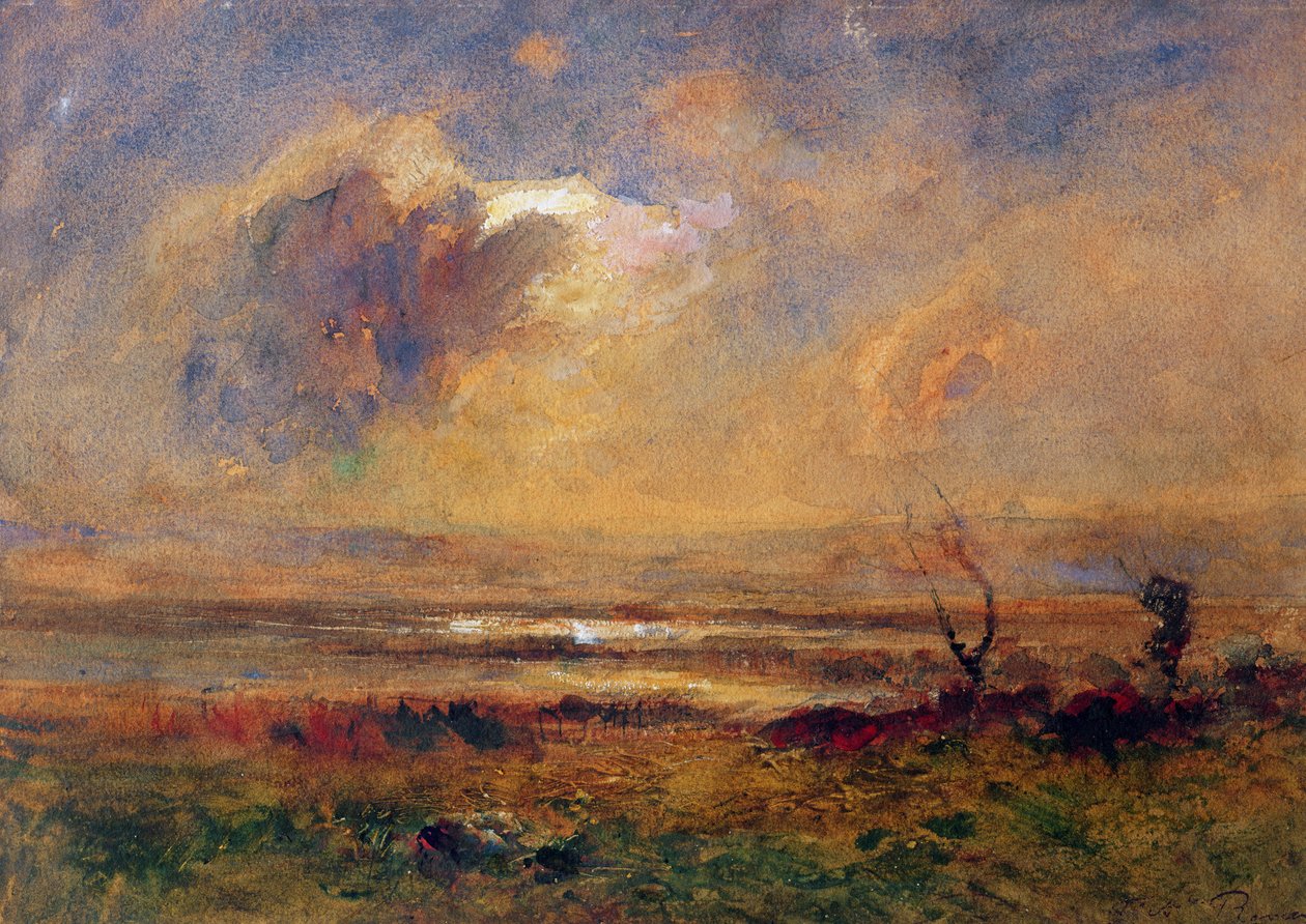 Solnedgang på sletten, ca. 1868 (wc und gouache på papir) af Auguste Francois Ravier