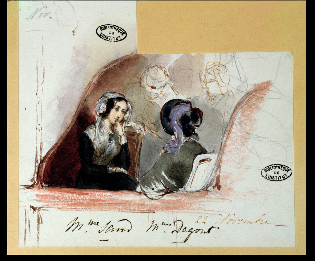George Sand (1804-76) og Marie de Flavigny (1805-76) grevinde af Agoult, ved Comedie Francaise, 1834 af Auguste Odier